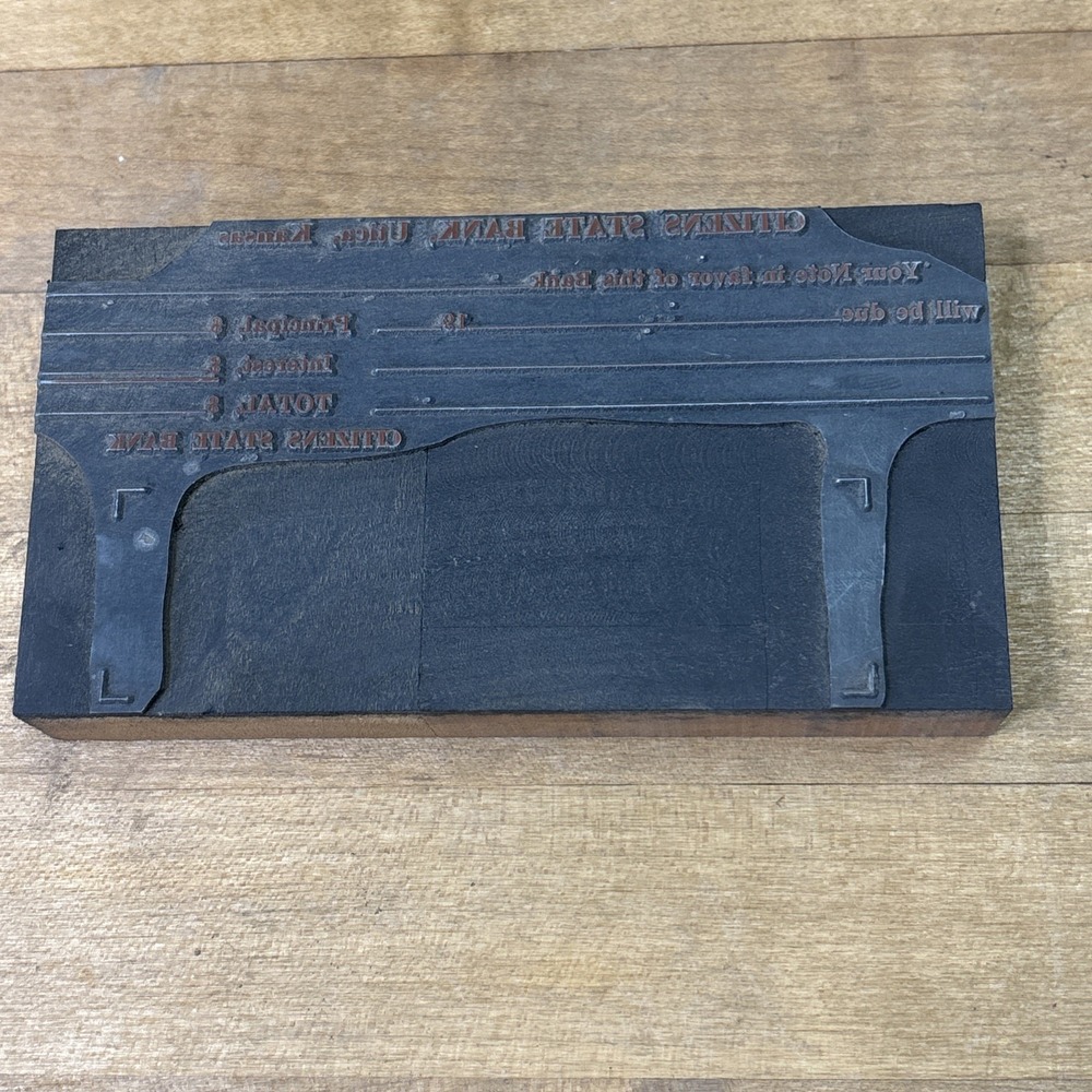 Antique Citizens State Bank Utica KS Letterpress Check Printing Block Wood Mount